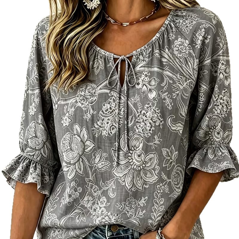 Women's Vintage Floral Print Half-Sleeve Shirt