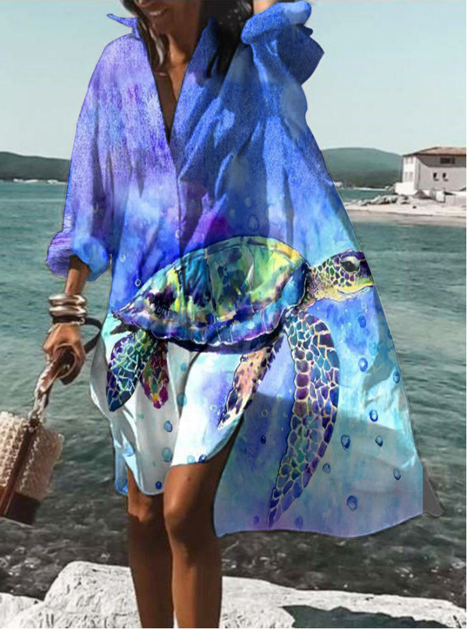 Women's Loose Digital Print Long Sleeve Collared Shirt Dress