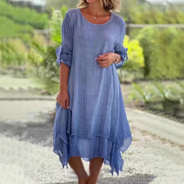 Women's Round Neck Asymmetrical Hem Solid Color Flowy Midi Dress