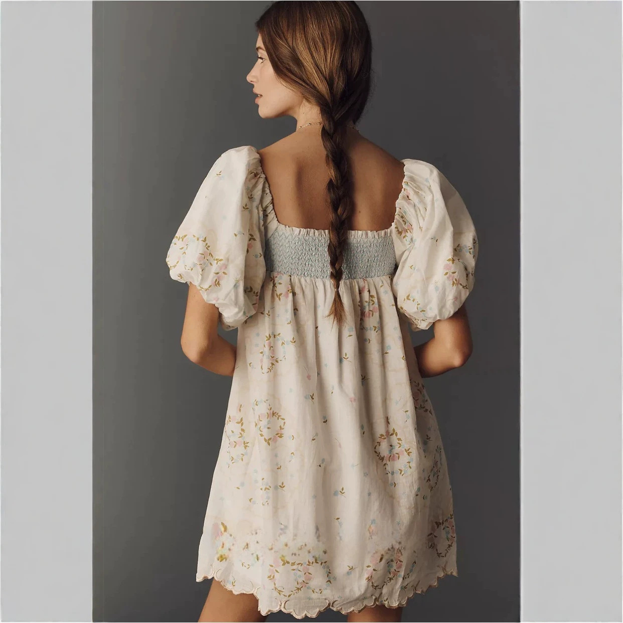 Women's Summer Low Neck Lace Trim Puff Sleeve Floral Print Dress
