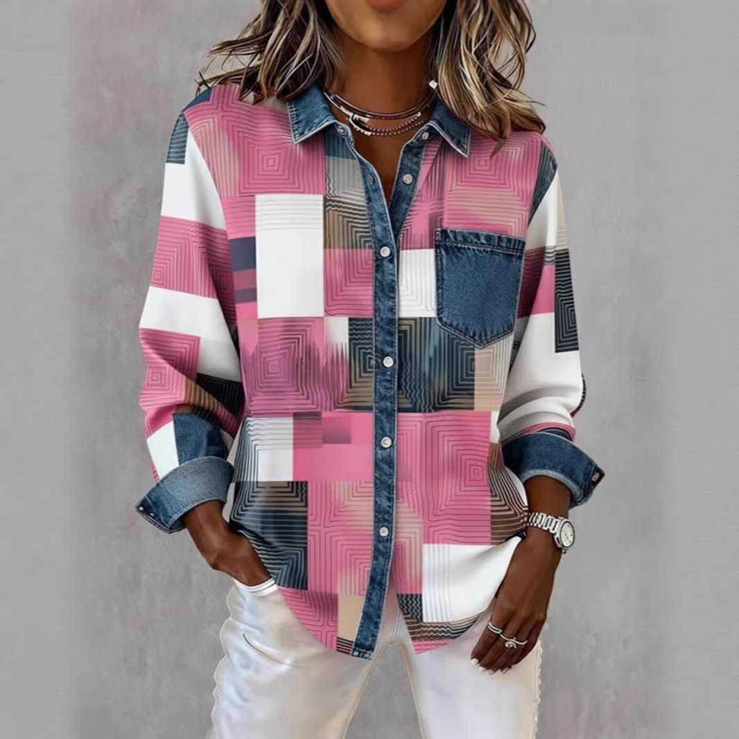 Women's Black and White Plaid Print Long Sleeve Shirt