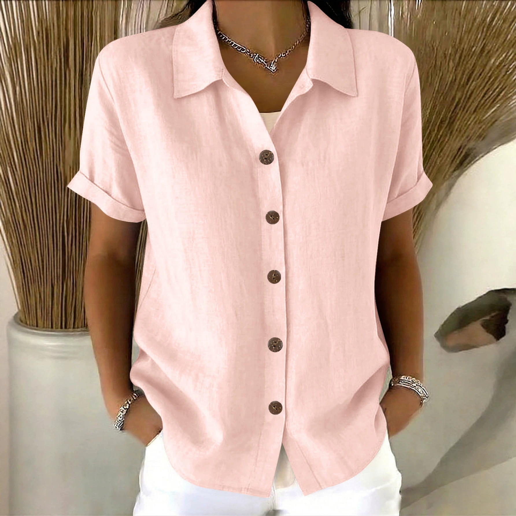 Women's Summer Short Sleeve Button-Down Shirt with Collar, Solid Color, Wooden Buttons, Flowy Fit
