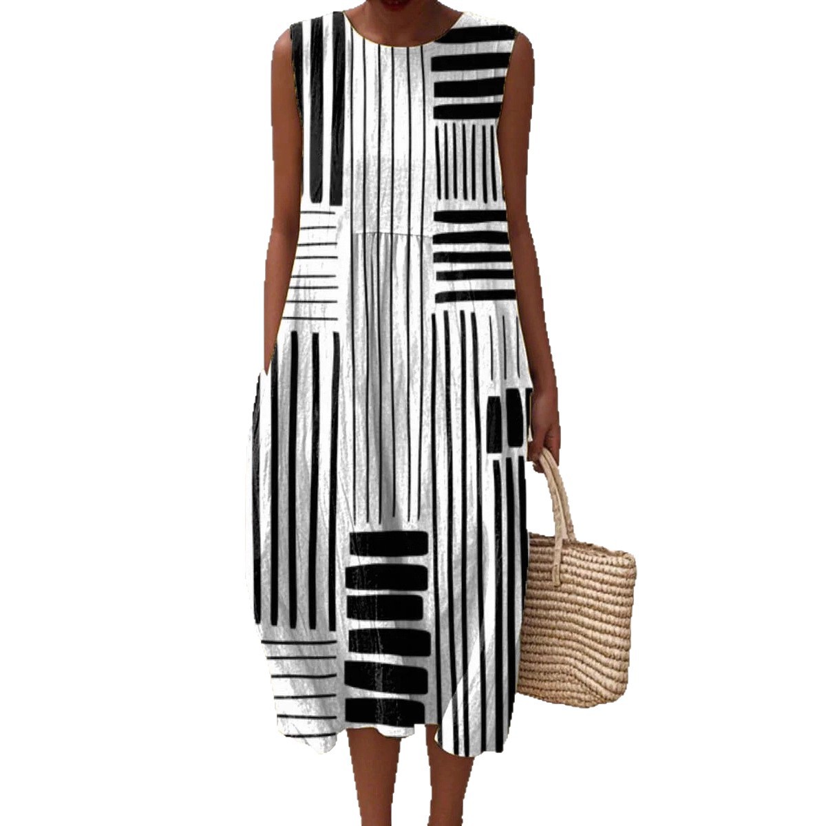 Women's Retro Multicolor Striped Floral Sleeveless Midi Dress