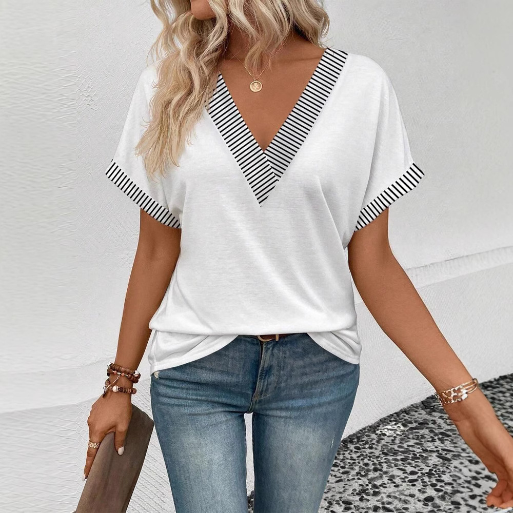 V-Neck Short Sleeve Solid Color Loose Fit Top