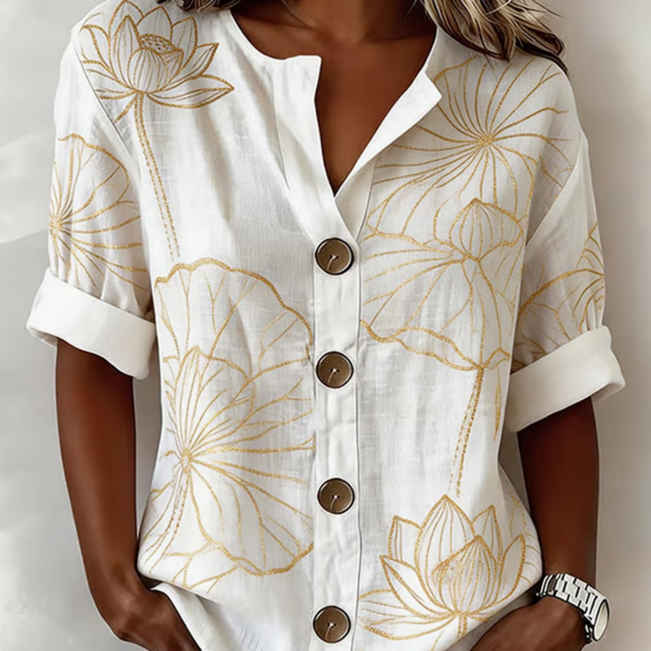 Women's Floral Petal Print Short Sleeve Button-Up Shirt