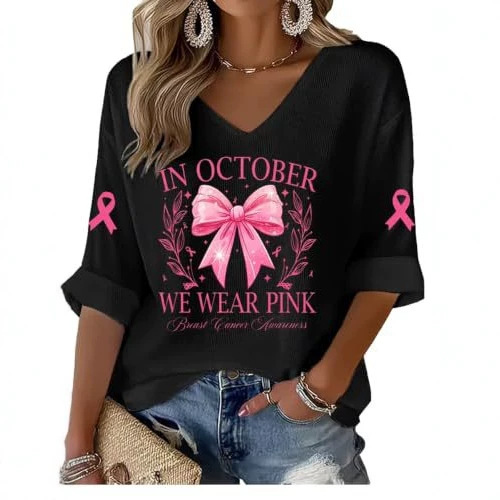 Women's Pink Rose Print Ribbon Mid-Sleeve Casual Blouse