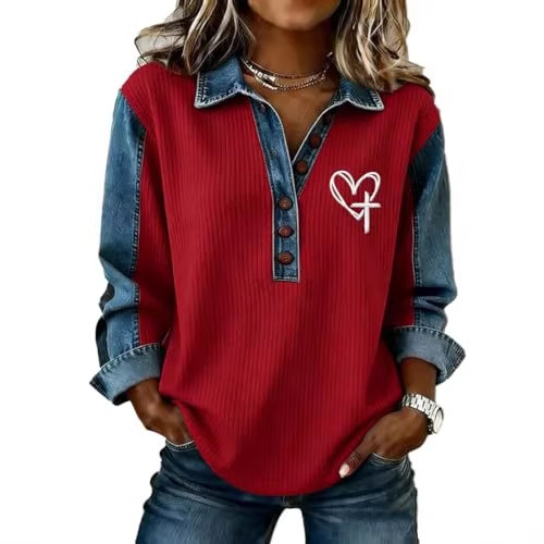 Women's Cross & Heart Print Long-Sleeve Button-Front Shirt