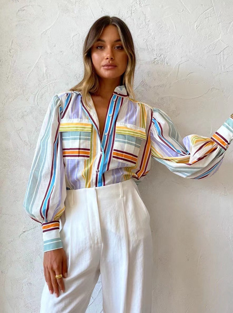 Women's Retro Striped Button-Front Long-Sleeve Shirt