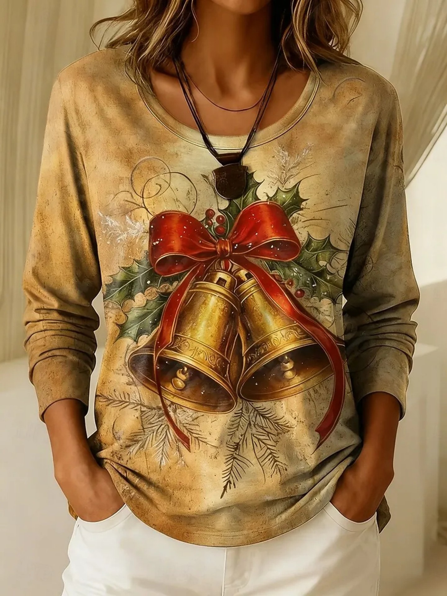 Christmas Bell Tree Print Long Sleeve Women's Top