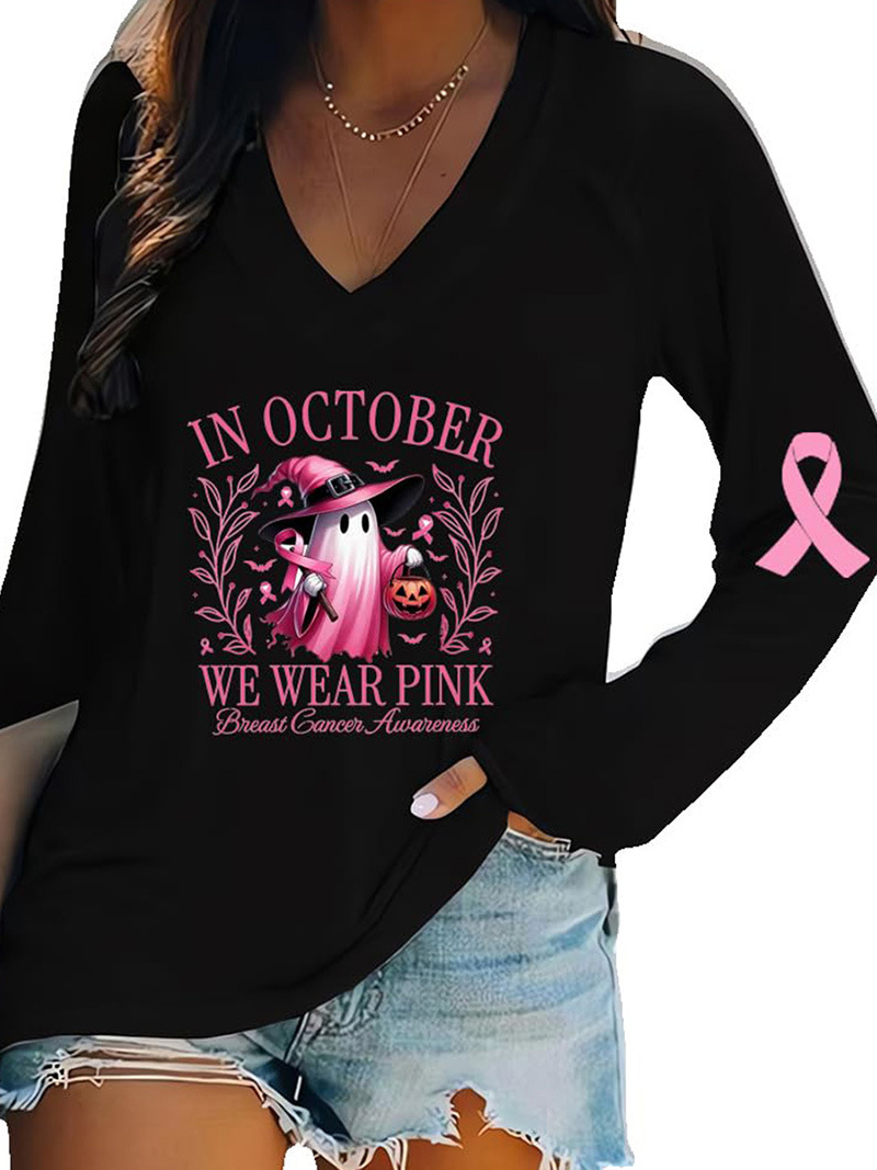 Women's V-Neck Long-Sleeve Halloween Pumpkin Ghost Ribbon Print T-Shirt