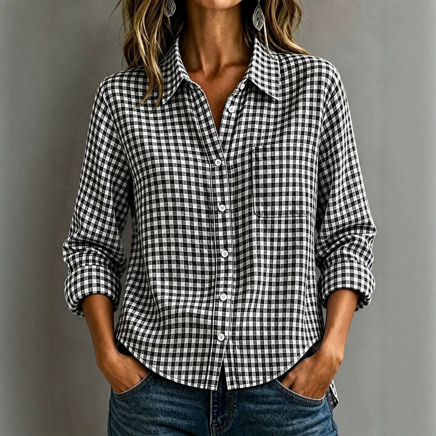 Women's Plaid Long Sleeve Button-Front Shirt Loose Fit