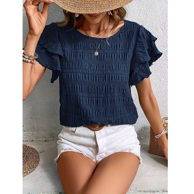 Women's Double Ruffle Sleeve Crew Neck Casual Top
