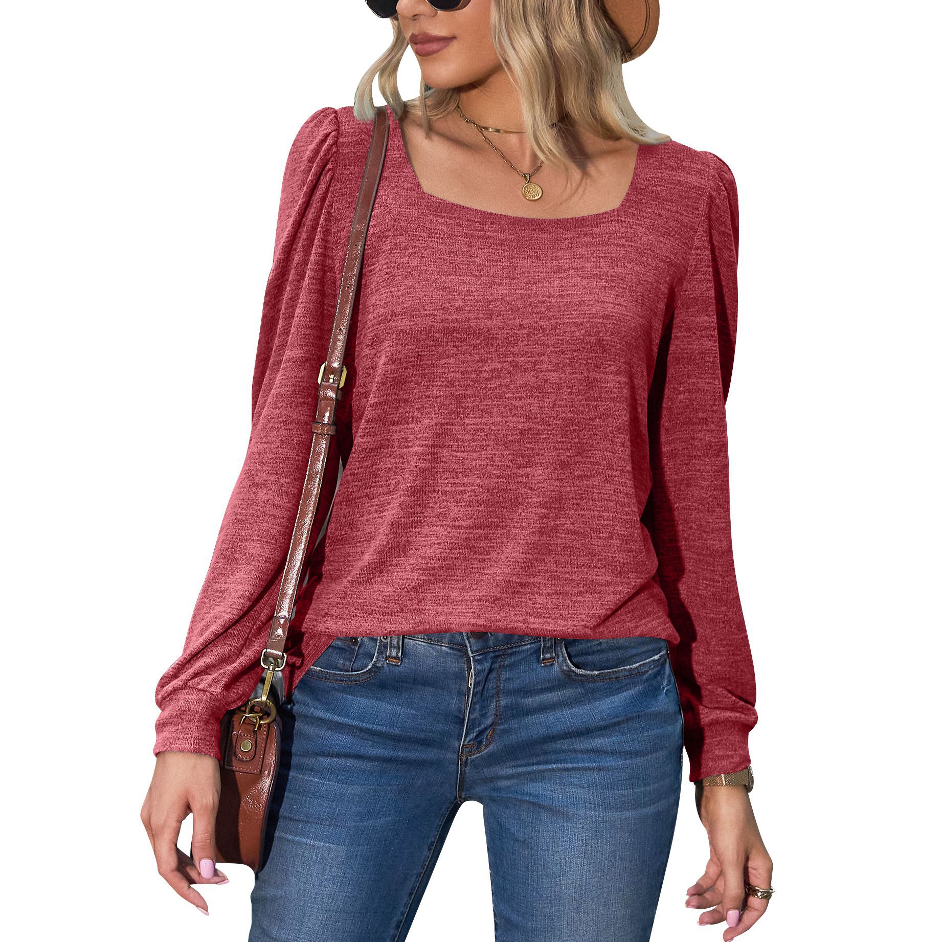 Women's Loose Puff Sleeve Square Neck Long Sleeve T-Shirt