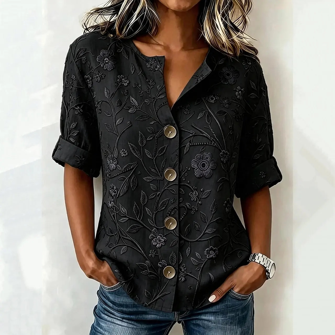 Women's Floral Print Half-Sleeve Blouse Retro Elegant Casual Shirt