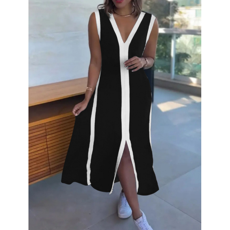 Blue & White Colorblock Sleeveless V-Neck Midi Dress Loose Casual Split