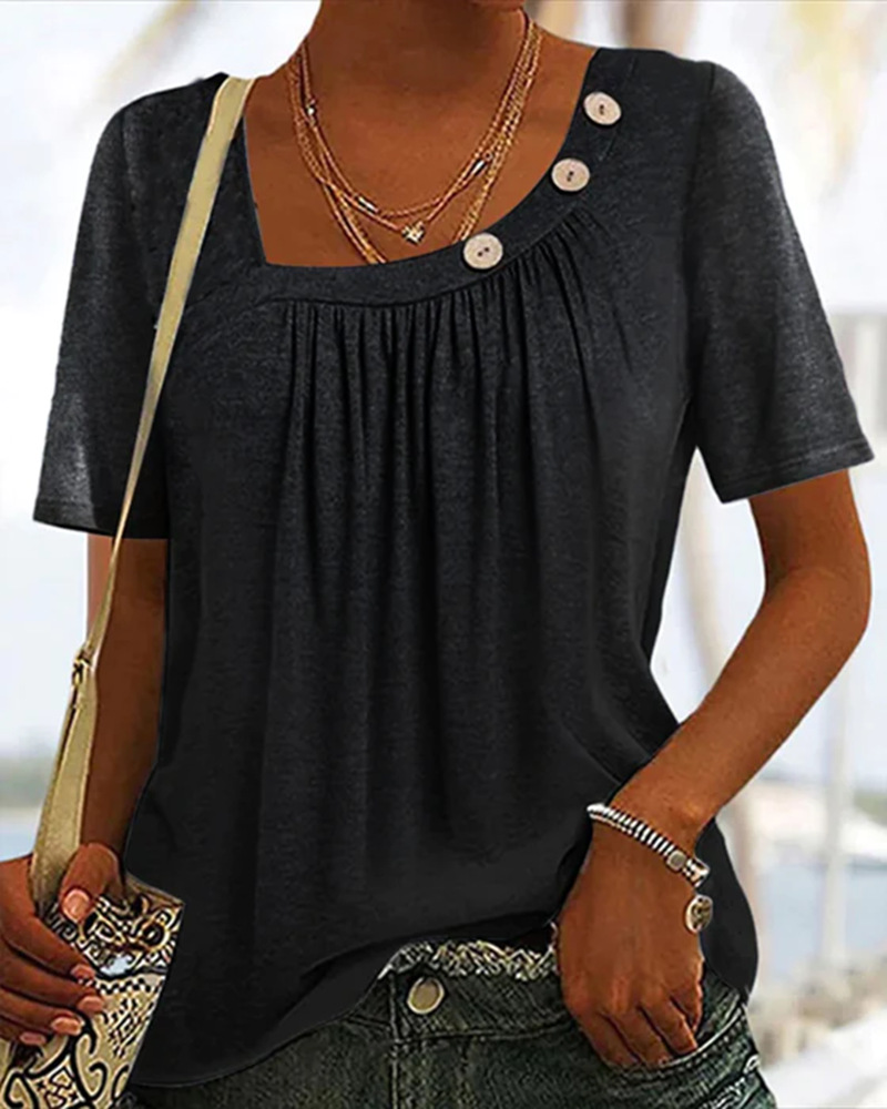 Women's Solid Color Button Round Neck Short Sleeve T-Shirt