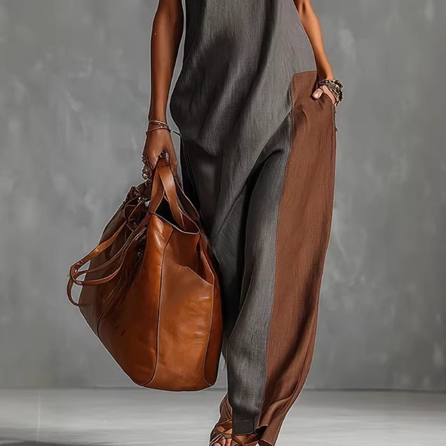 Colorblock Halter Neck Cutout Sleeveless Jumpsuit with Side Pockets