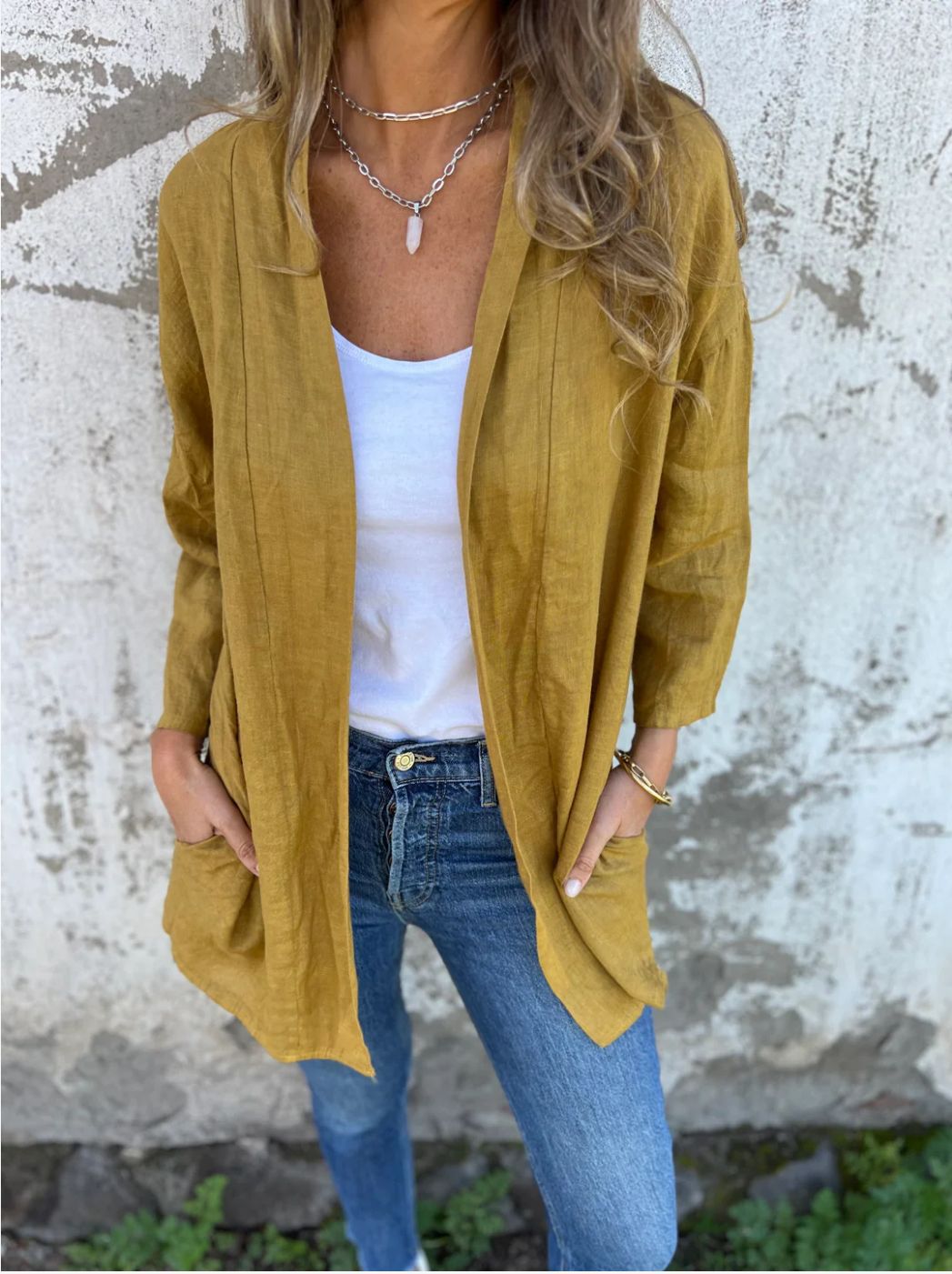 Women's Solid Color Open-Front Cardigan Loose Fit Pocket Tunic Top