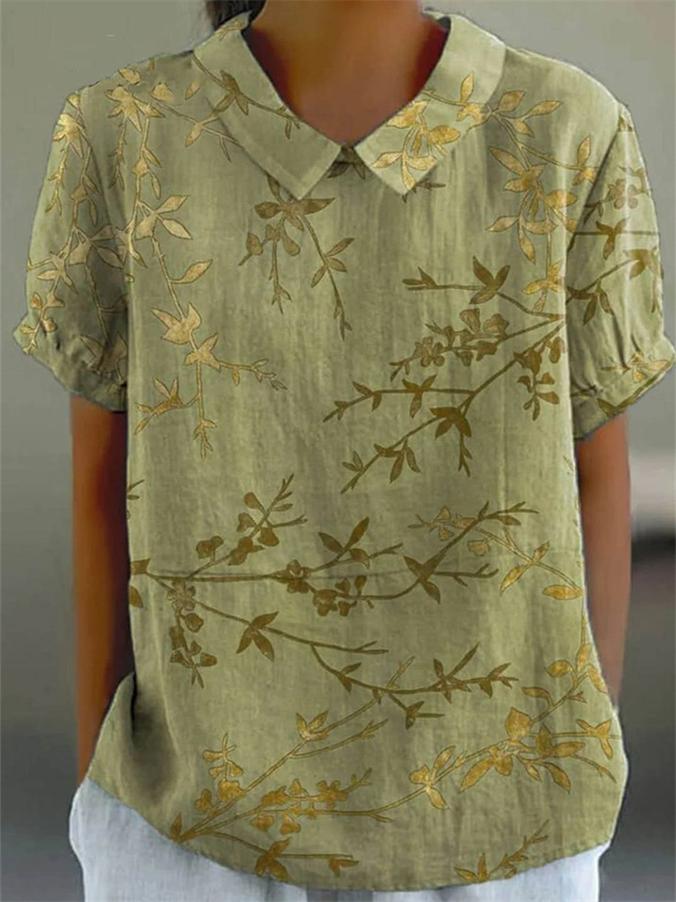 Women's Floral Print Short Sleeve Casual Button-Up Shirt