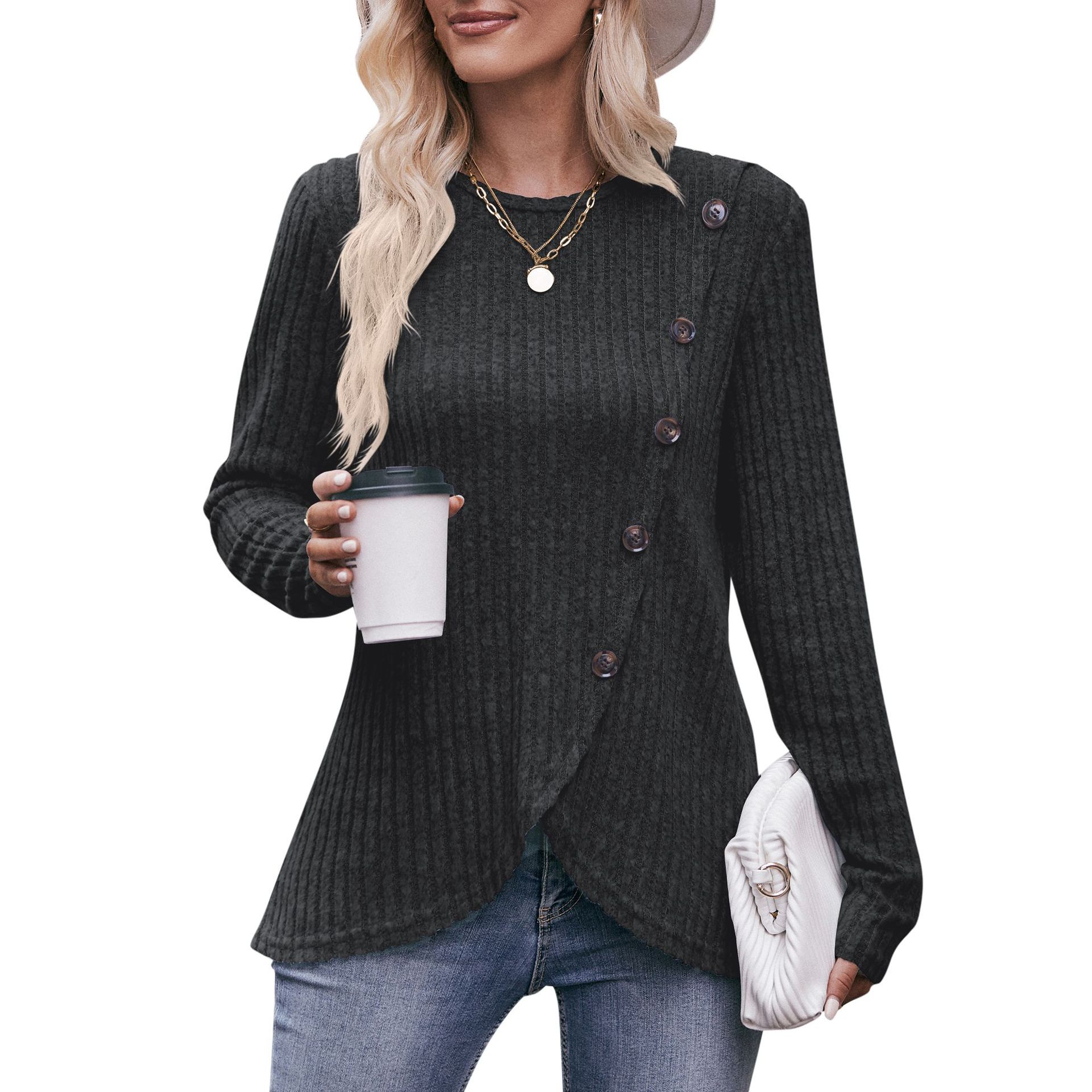 Women's Ribbed Knit Tulip Hem Button T-Shirt