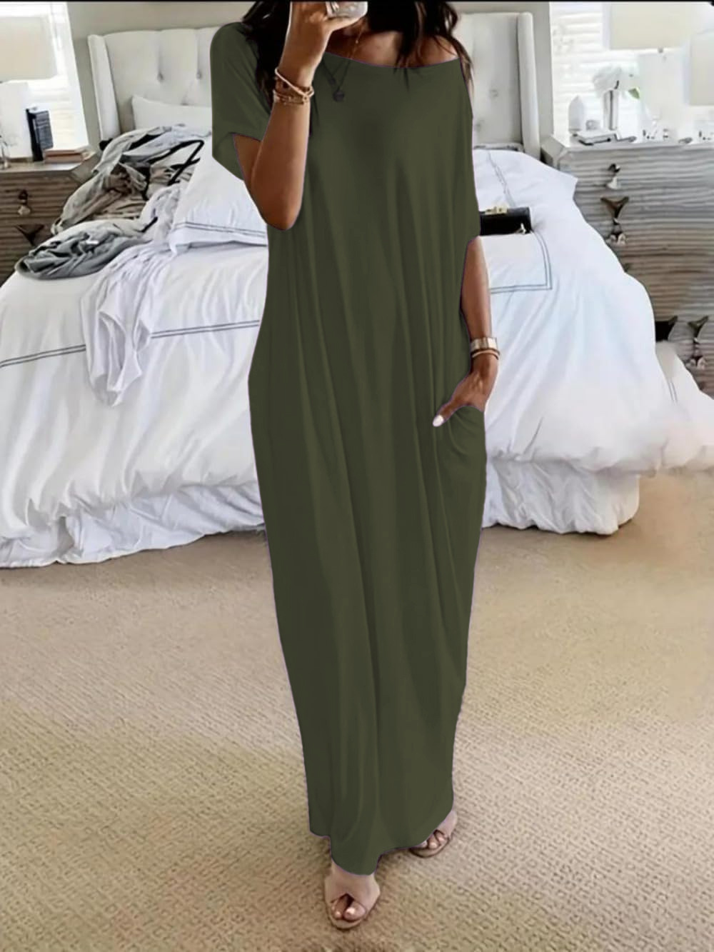 Women's Off-Shoulder Short Sleeve Casual Dress with Pockets