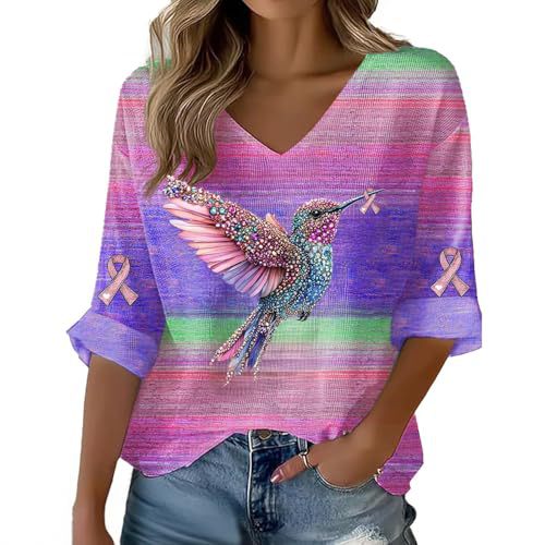 Women's Colorful Bird Ribbon Print Short Sleeve Casual Shirt