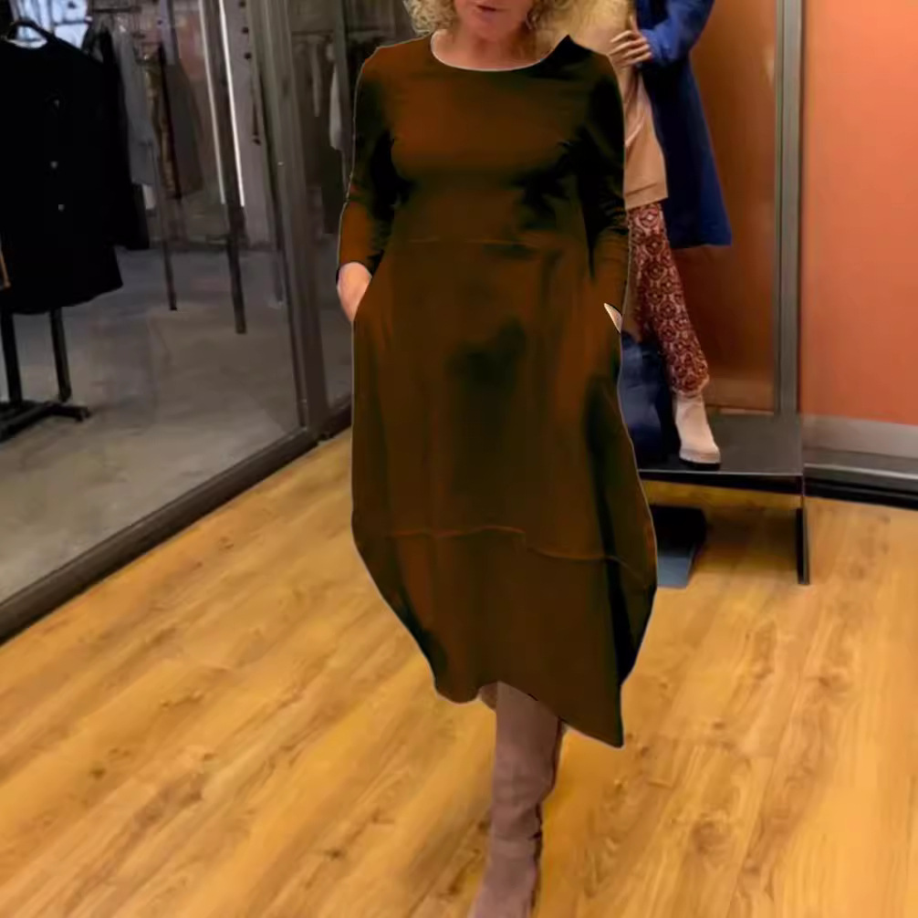 Women's Solid Color Round Neck Long Sleeve Maxi Dress
