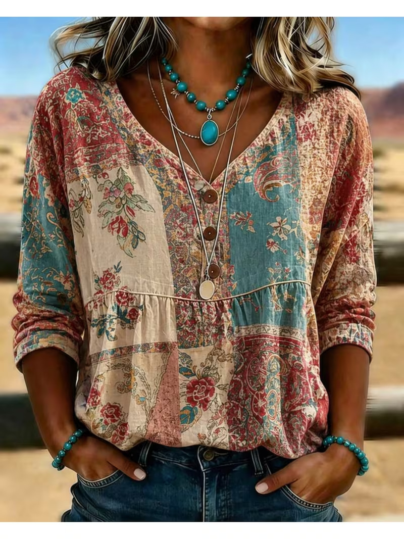 Women's Vintage Tribal Floral Print Long Sleeve Button V-Neck Blouse