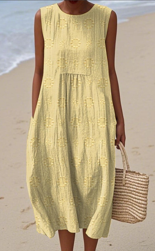 Women's Sleeveless Printed Midi Dress with Pockets Slim Fit