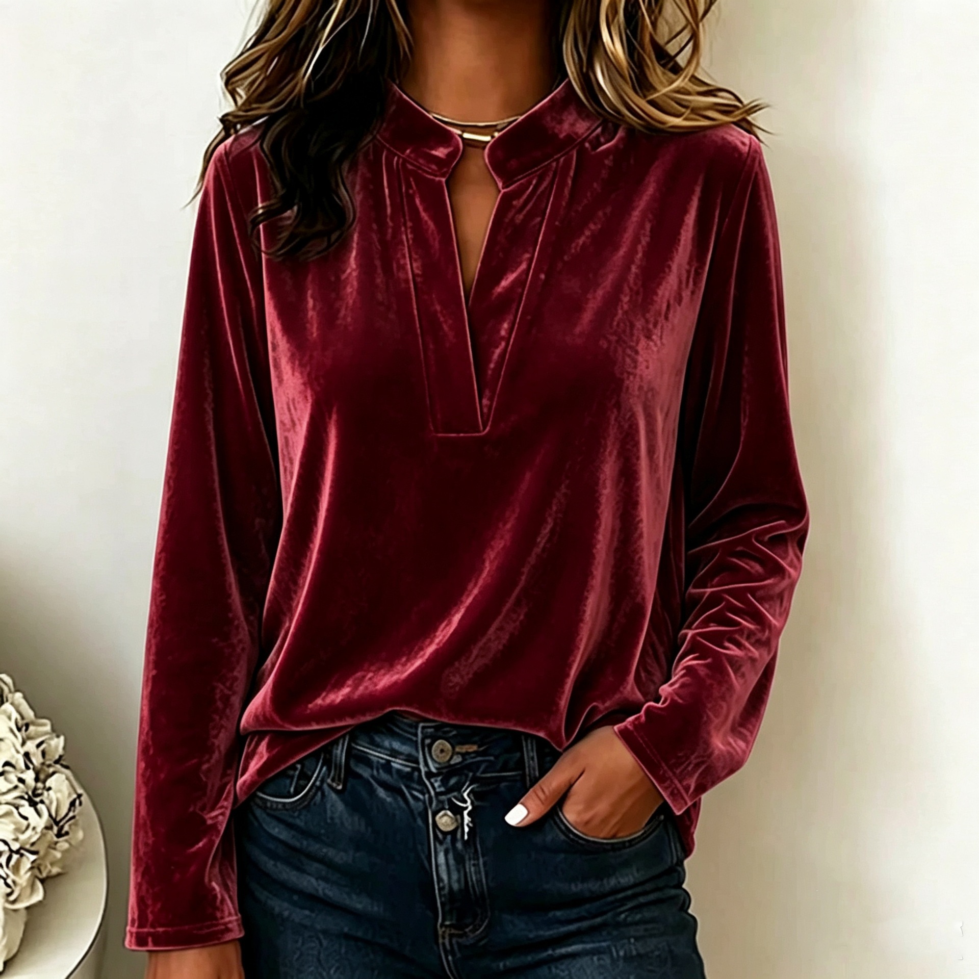 Women's Velvet Stand Collar Half-Open V-Neck Long Sleeve Casual Top
