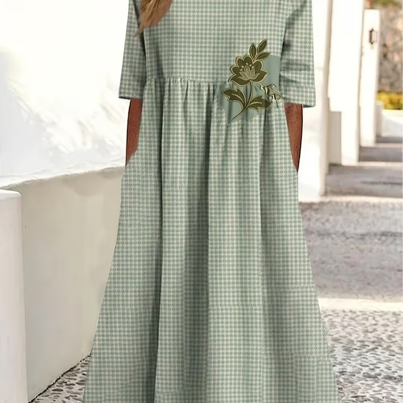Women's Floral Print Ruched Midi Dress Round Neck Five-Sleeve Slim Fit