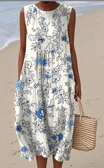 Sleeveless Floral Print Midi Dress Round Neck Slim Fit Fresh Sweet Style