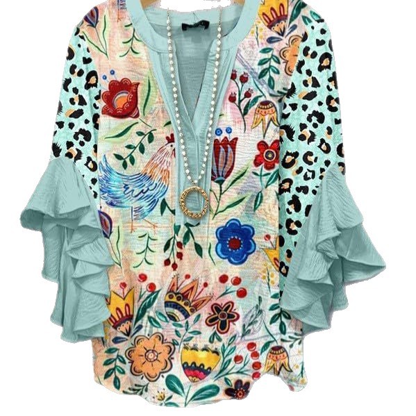 Women's Floral Print V-Neck Long Sleeve T-Shirt with Lace Petal Trim