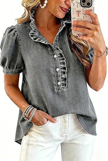 Y2K Ruffle Bubble-Sleeve Collared Short-Sleeve Denim Shirt