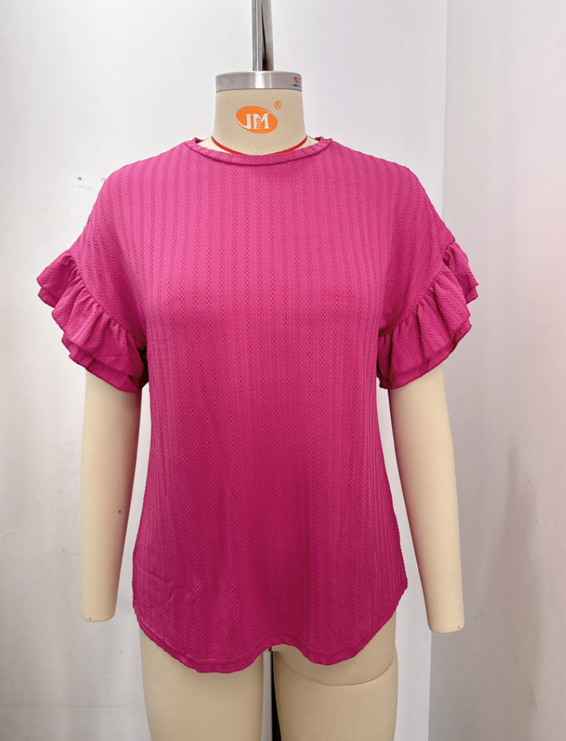 Women's Solid Crewneck Ruffle Sleeve Short Sleeve T-Shirt