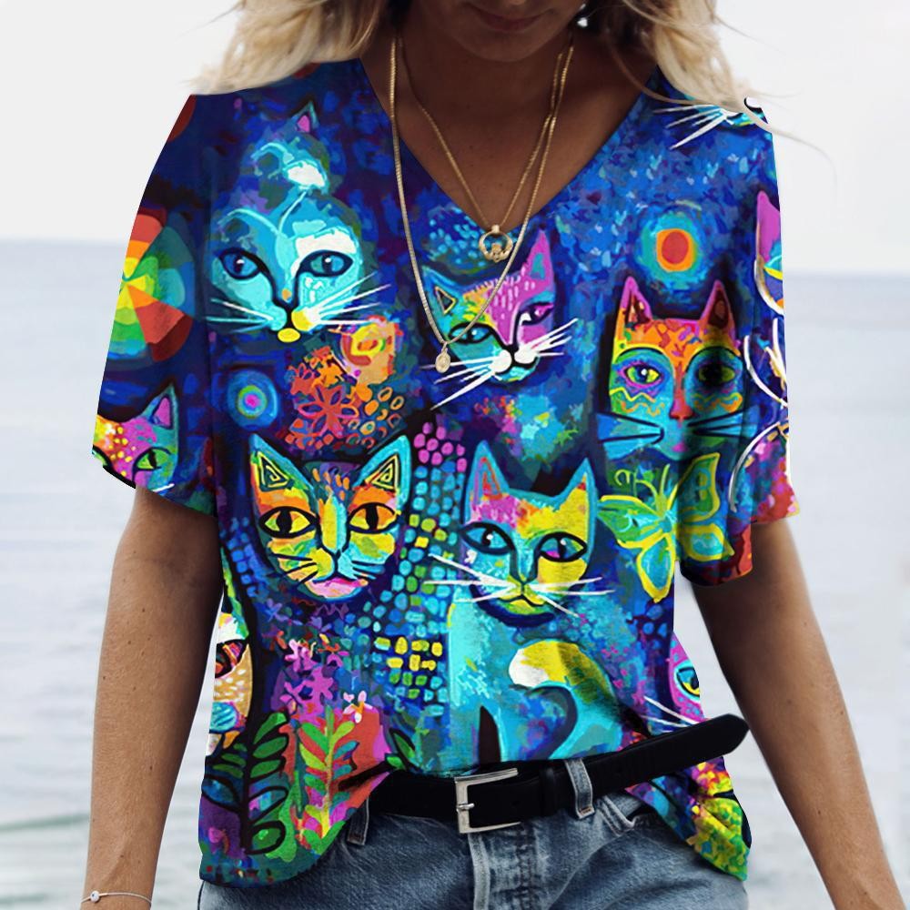 Women's V-Neck 3D Print Loose Fit T-Shirt