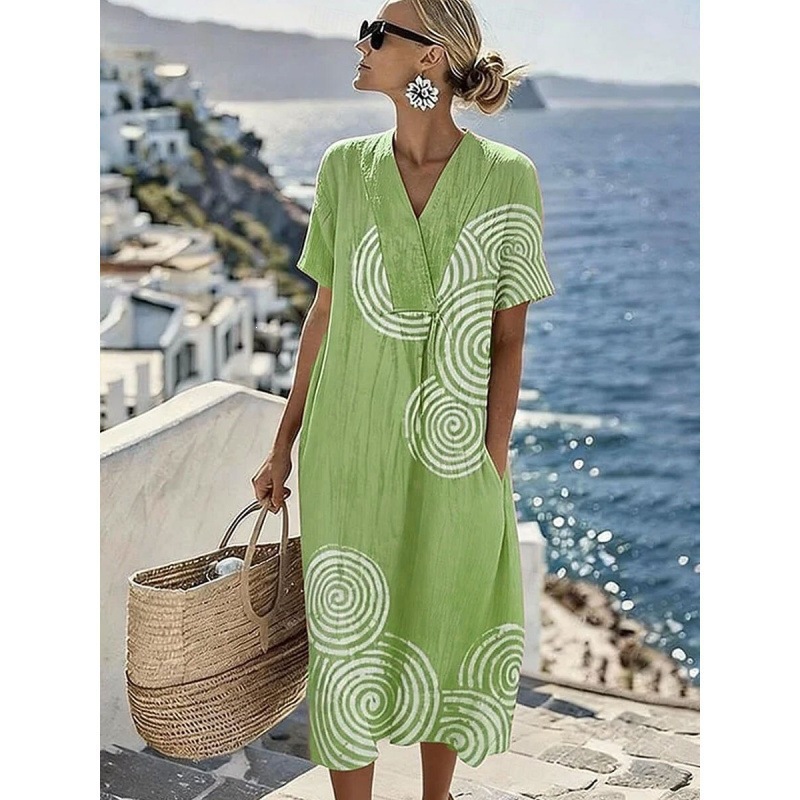 Women's Swirl Polka Dot Print Pleated Midi Dress