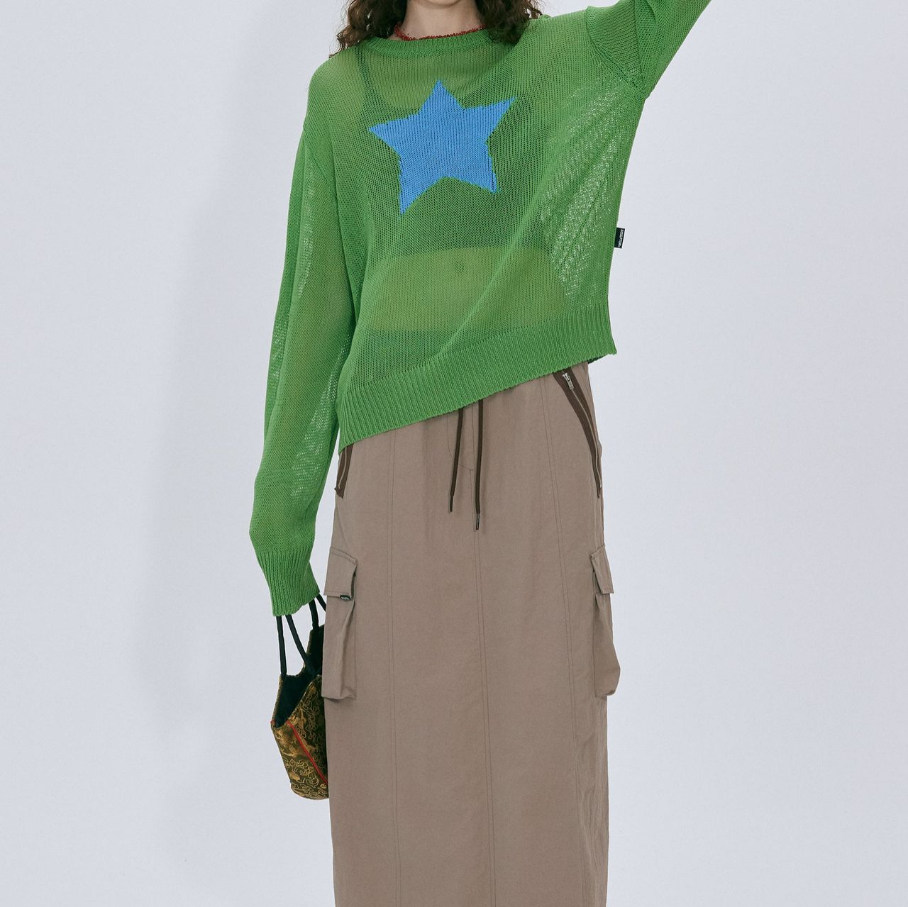Sheer Star Cutout Knit Top Long Sleeve Crew Neck