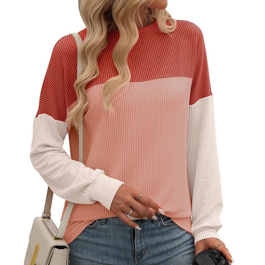 Women's Color-Block Twist-Stripe Crewneck Long-Sleeve Loose T-Shirt