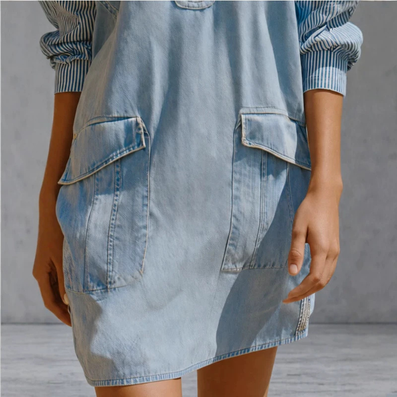 Washed Blue Denim Stand Collar Half-Zip Short Dress