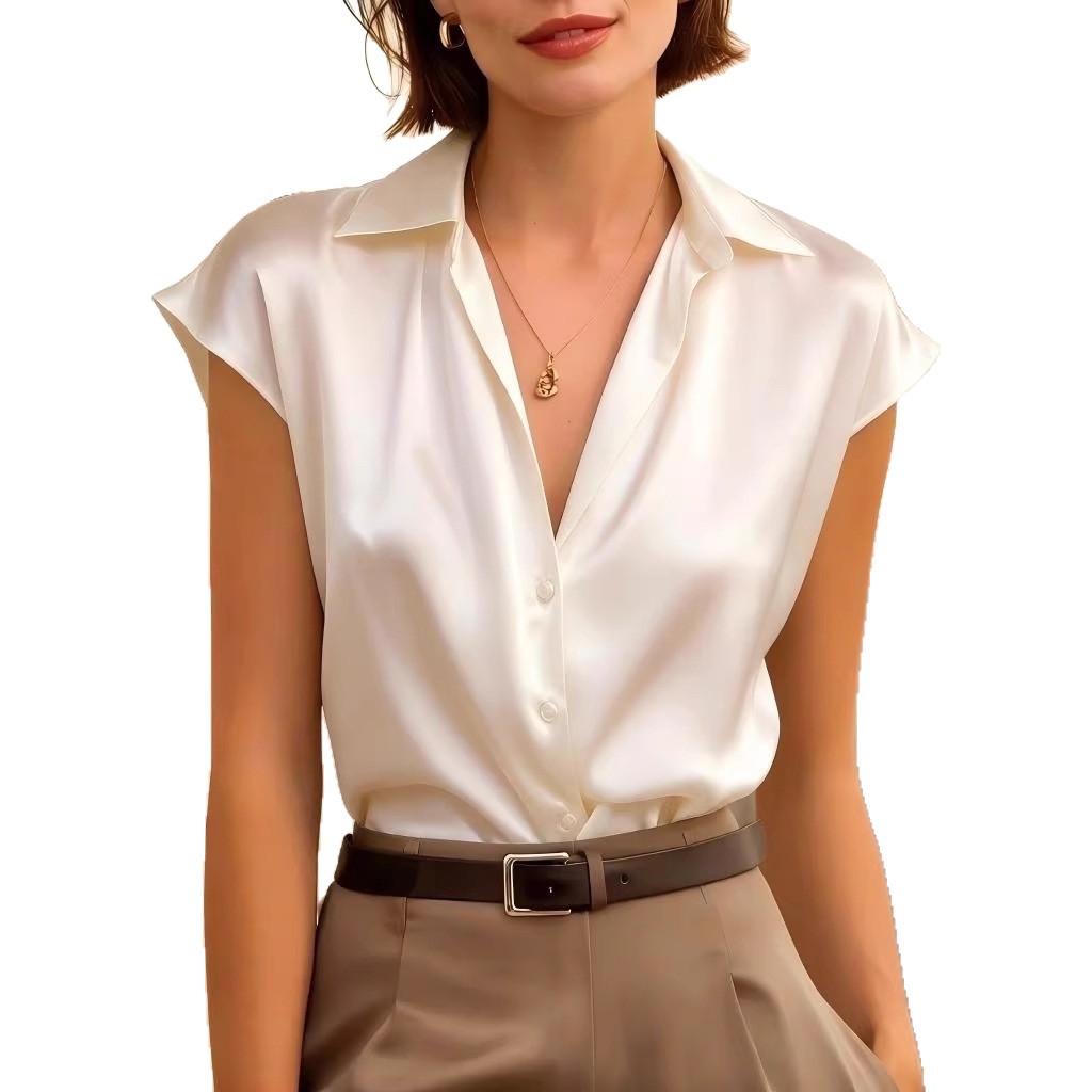 Women's Satin Short Sleeve Polo Collar Blouse