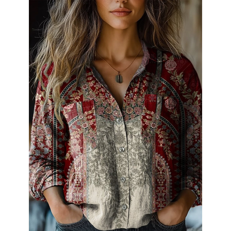 Women's Floral Print Long Sleeve Pocket Shirt