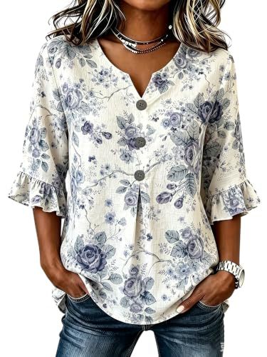 Women's Floral Print Mid-Sleeve Casual Blouse
