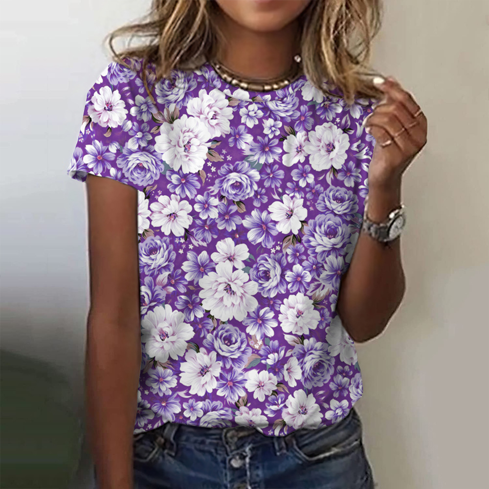 Women's 3D Floral Print Crewneck Short Sleeve T-Shirt