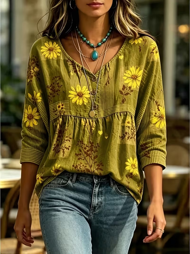 Women's Floral Print Half-Sleeve Button-Up Shirt