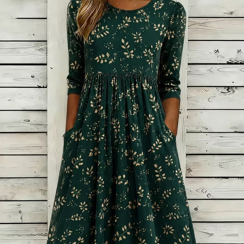 Women's Vintage Floral Print Pleated Midi Dress