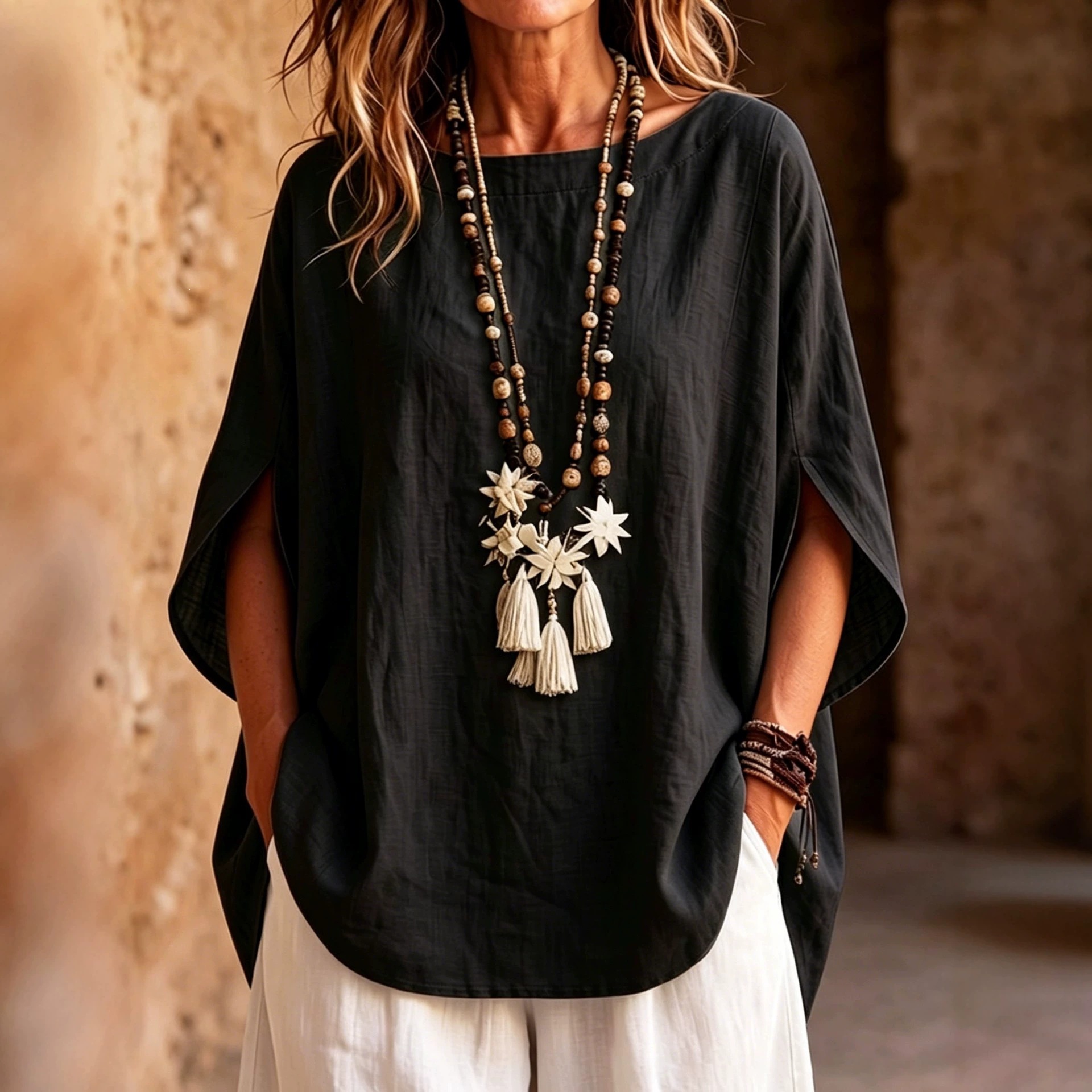 Women's Summer Asymmetrical Solid Crewneck Loose Blouse