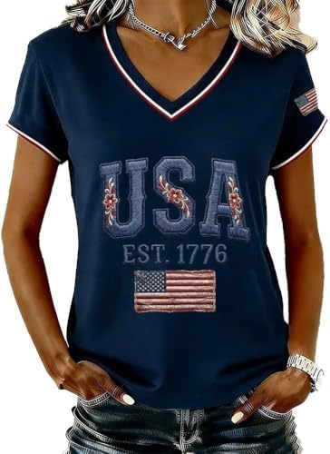 USA Flag Print V-Neck Short Sleeve Women's T-Shirt