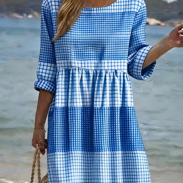 Women's Solid Plaid Print Ruched Midi Dress