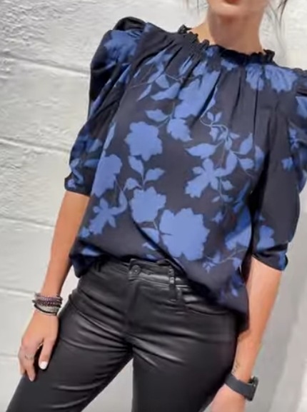 Women's Floral Print Ruffle Blouse with Round Neck and Puff Sleeves